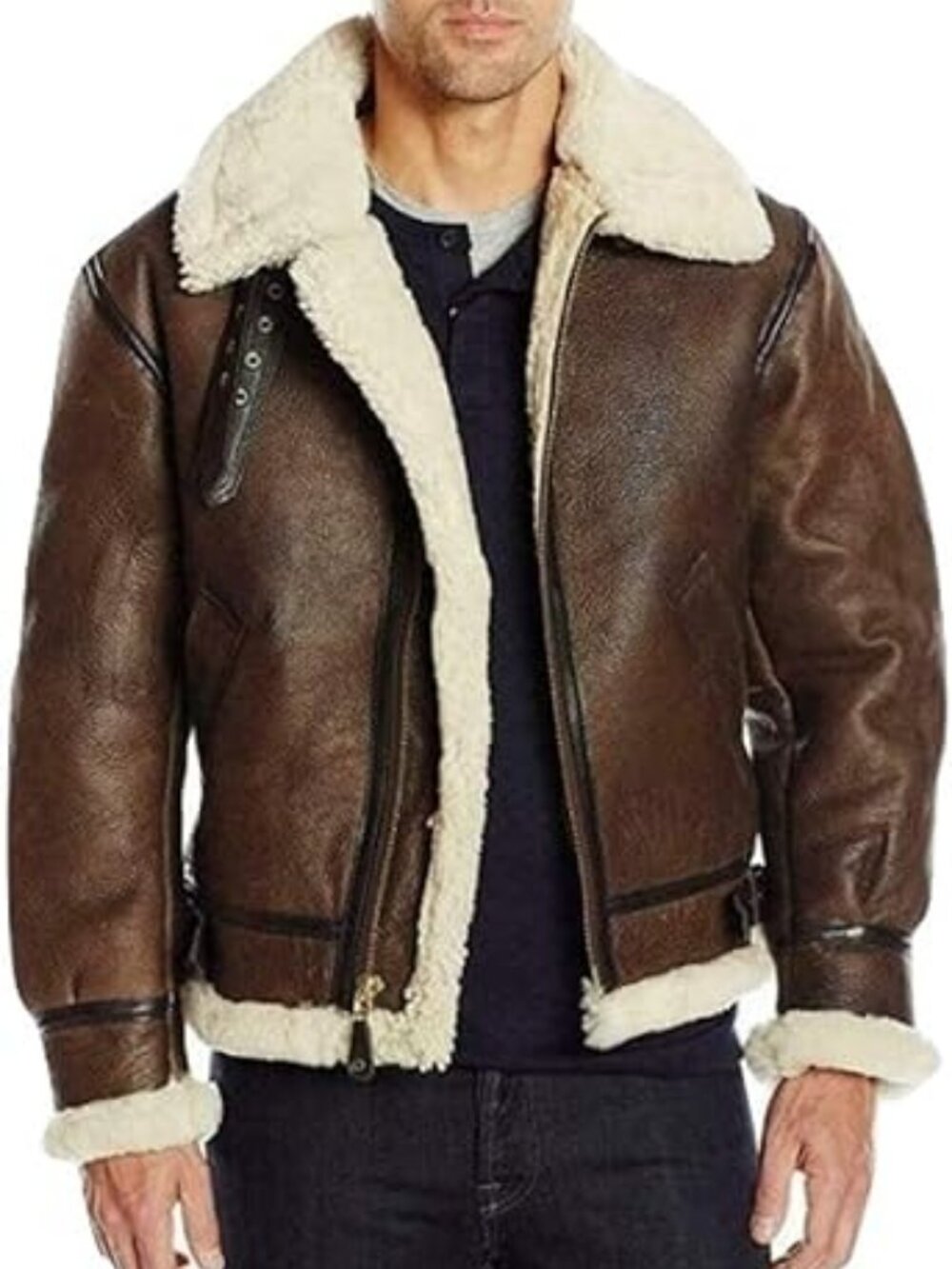 Men's B3 Bomber Aviator Shearling Sheepskin Leather Winter Flying Brown Jacket
